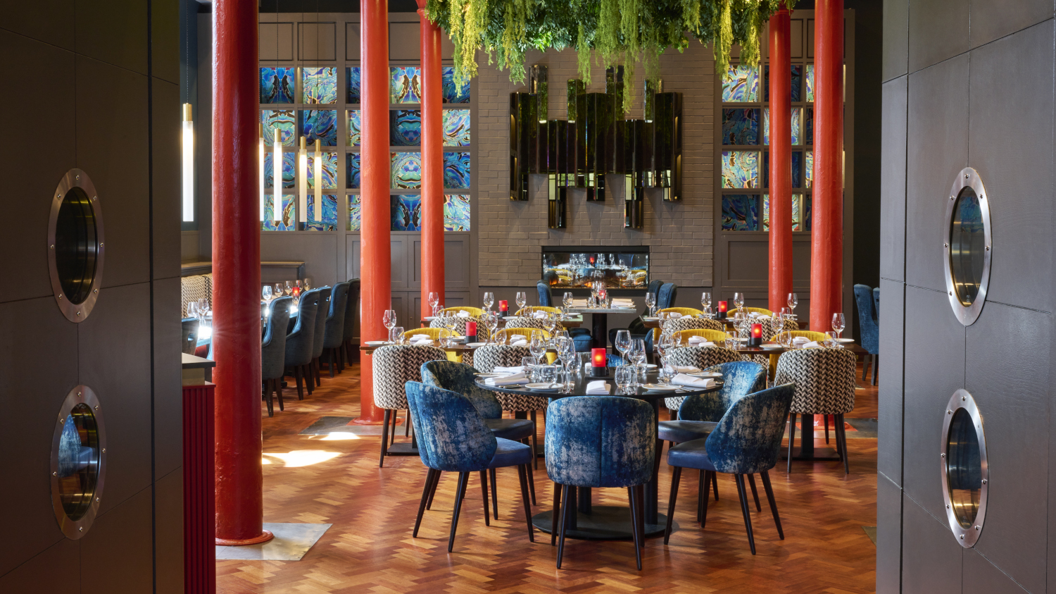 Looking through wide opening doors into the restaurant