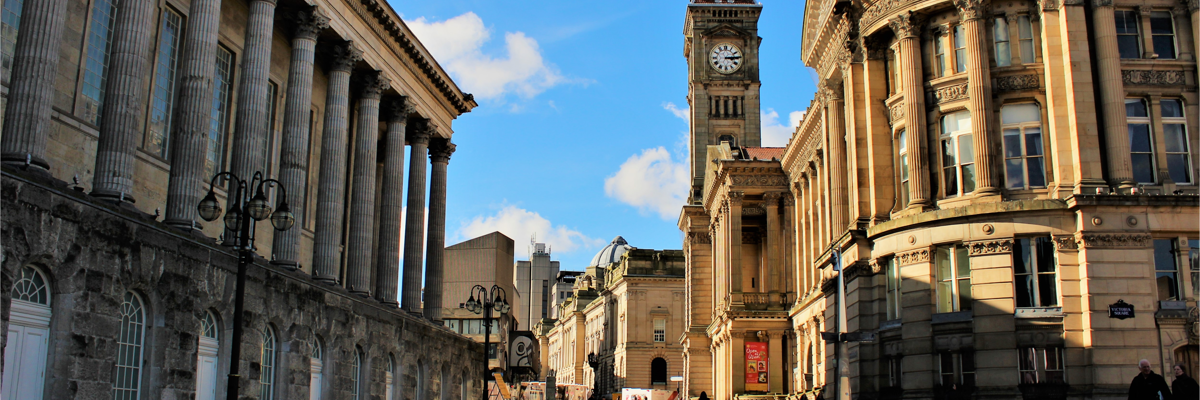 A clock tower in the quiet city centre of Birmingham. 